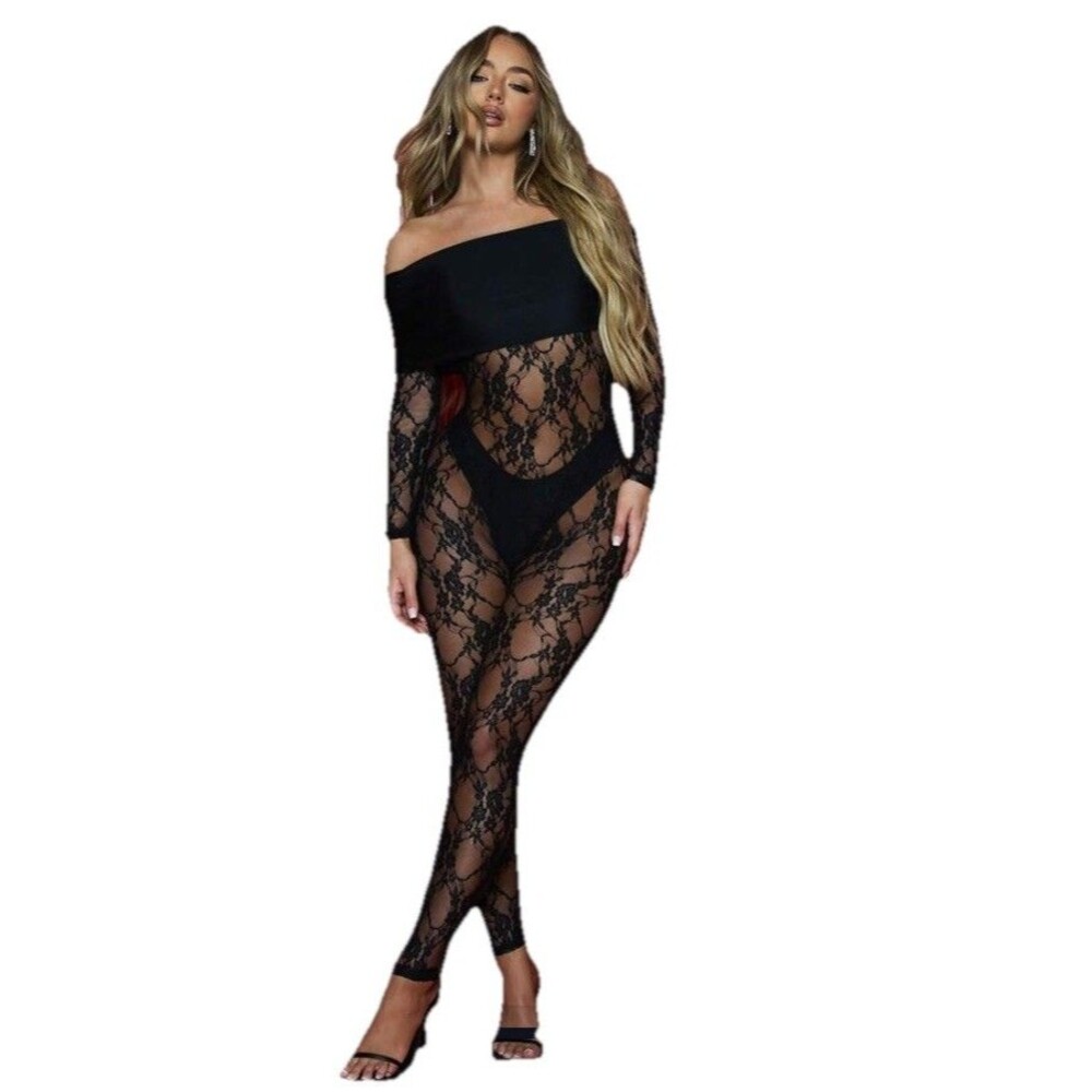 Missguided Lace Jumpsuit Sheer Stretch Medium Open Back Off Shoulder Neck Black